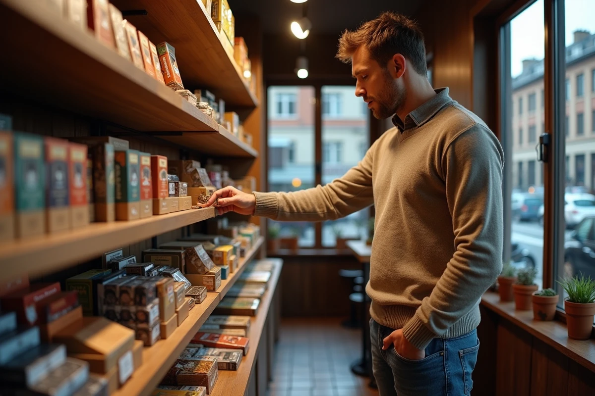 Homme choisissant un tabac dans une boutique de quartier