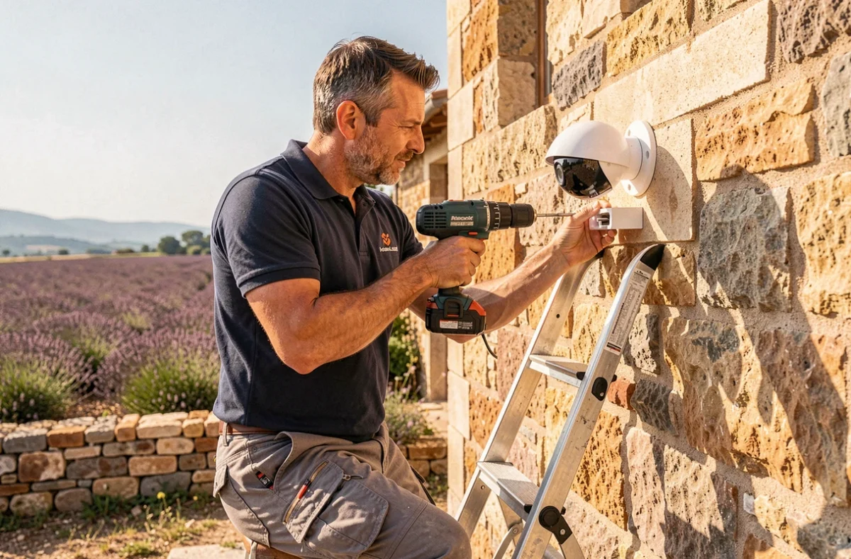 Technicien d'Actions Serrures Vidéosurveillance 84 installant une caméra de sécurité sur une maison provençale dans le Vaucluse