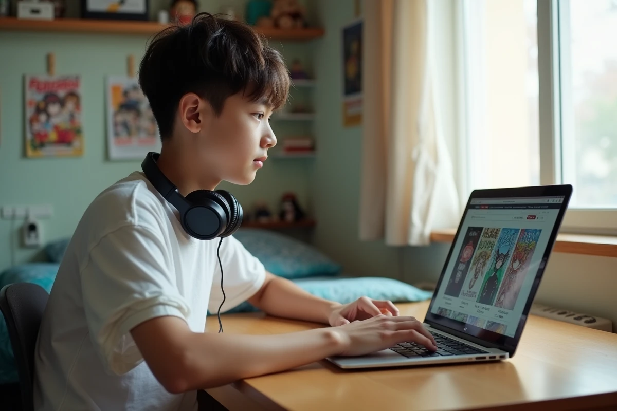 Adolescent utilisant un ordinateur portable pour naviguer sur un site de scan manga et trouver des séries rapidement