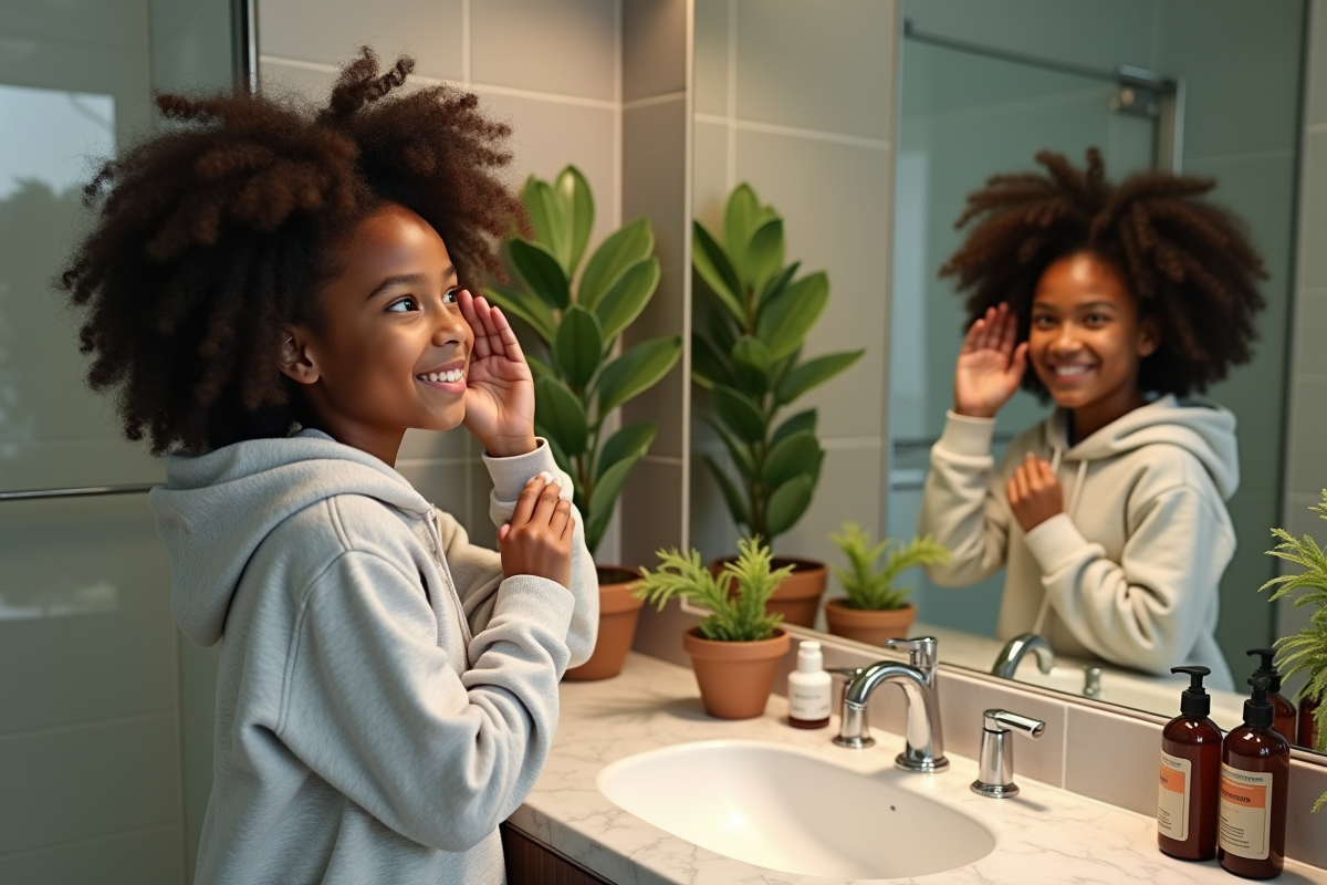 Adolescente rince ses boucles avec infusion naturelle