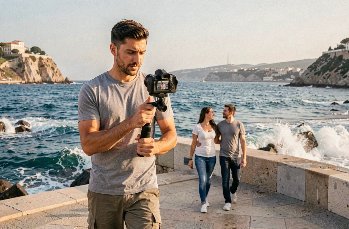 Alexandre, photographe-vidéaste hybride, filmant un couple le long de la Corniche Kennedy à Marseille avec la mer Méditerranée en arrière-plan