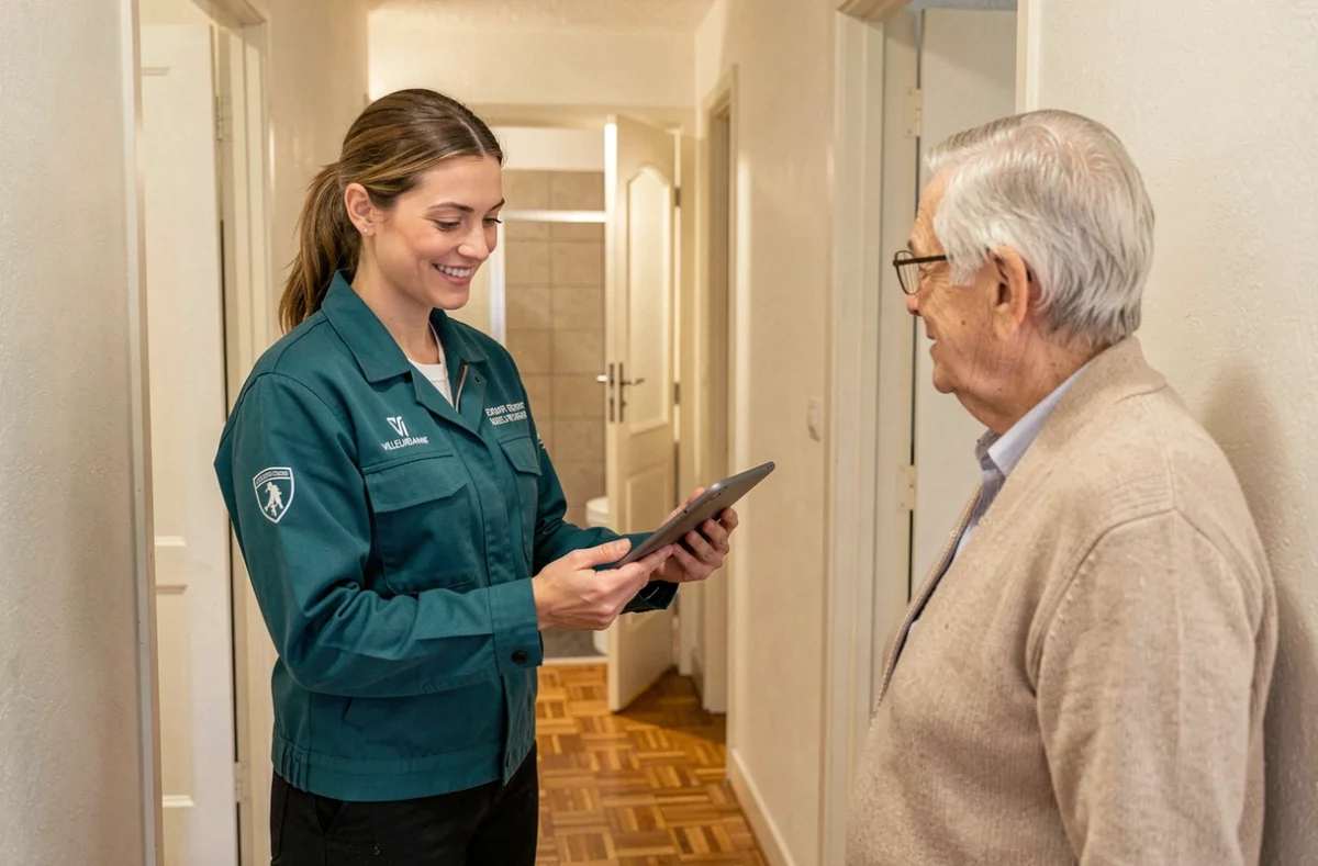 Technicienne d'Allo Services présentant un devis sur tablette à un client dans un appartement à Villeurbanne