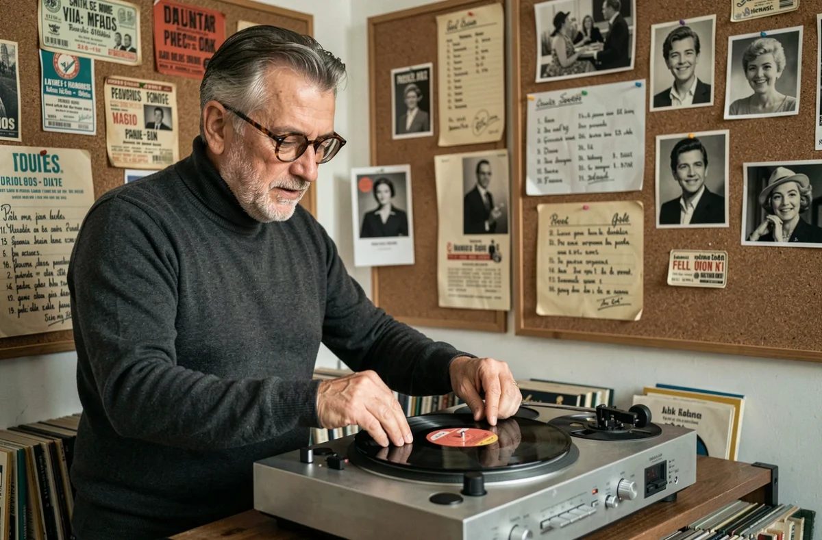 Homme passionné de musique posant un vinyle 45 tours sur une platine vintage dans un bureau rempli de souvenirs des années 60