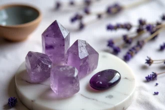 Cristaux d'améthyste bruts et pierres violettes polies disposés sur marbre blanc avec lavande séchée