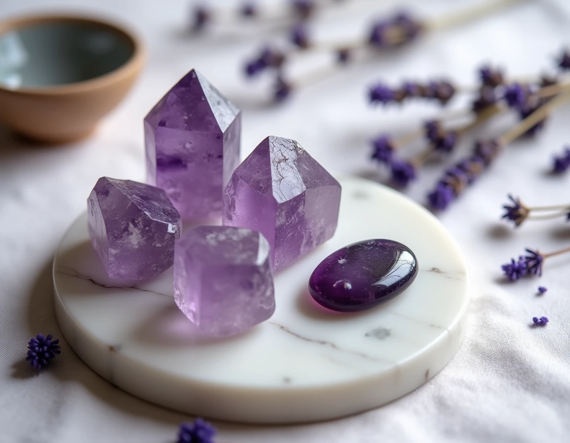 Cristaux d'améthyste bruts et pierres violettes polies disposés sur marbre blanc avec lavande séchée