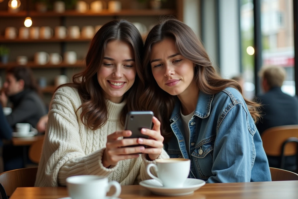 Deux amies discutant d'une série manga yaoi abandonnée sur un smartphone dans un café