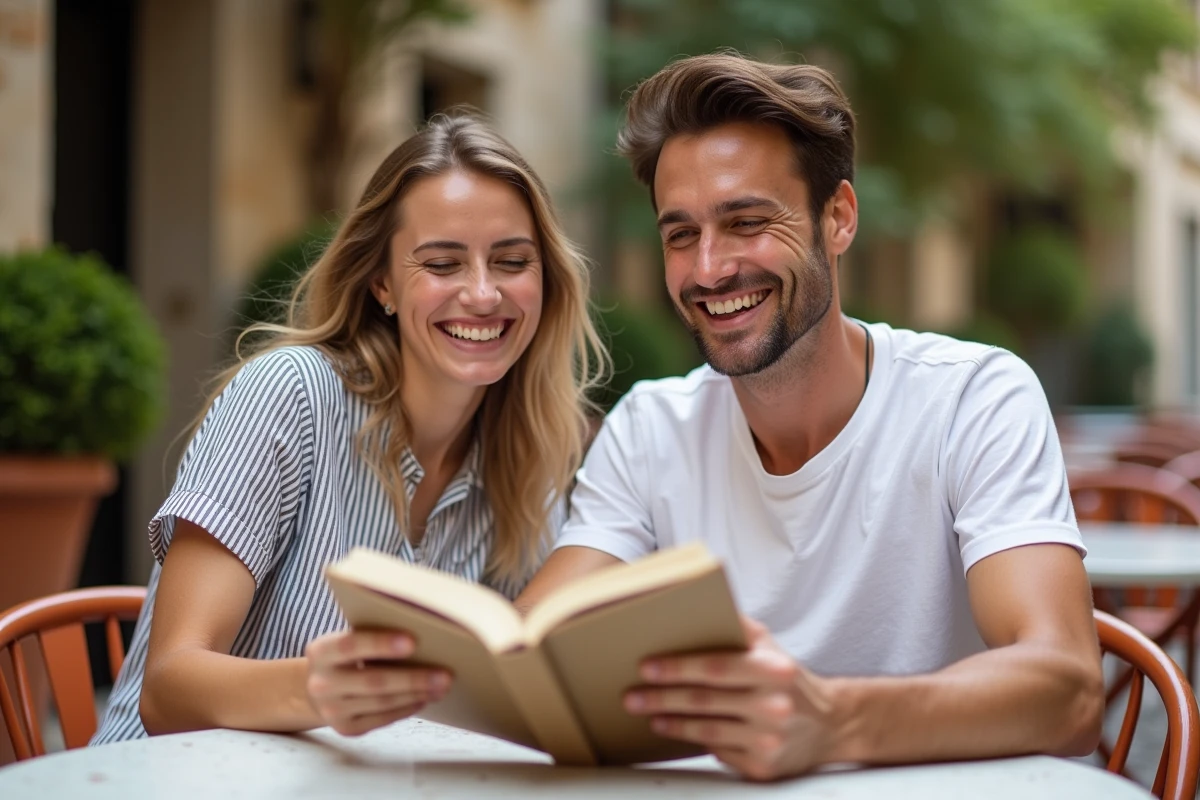 Deux amis en vacances feuilletant un livre de grammaire française en riant à la terrasse d'un café méditerranéen