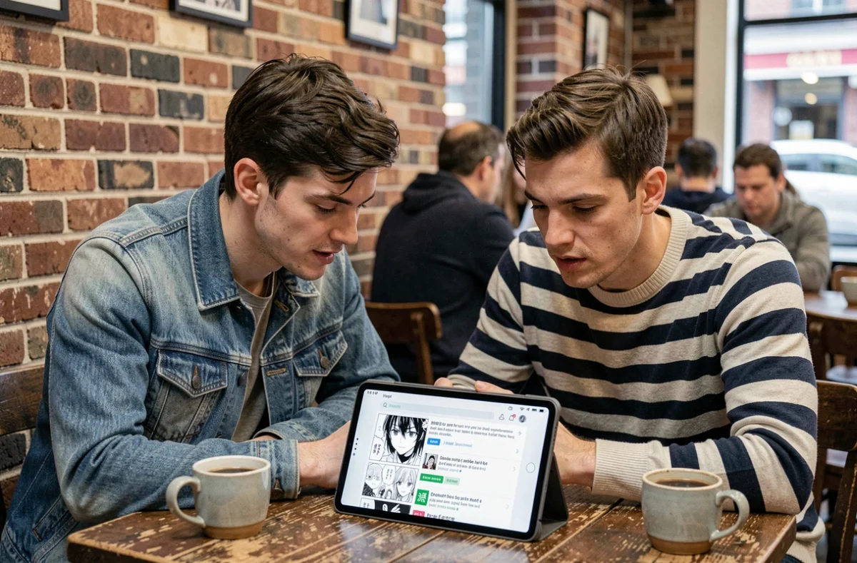 Deux amis masculins découvrant une plateforme de lecture manga bara sur tablette dans un café urbain