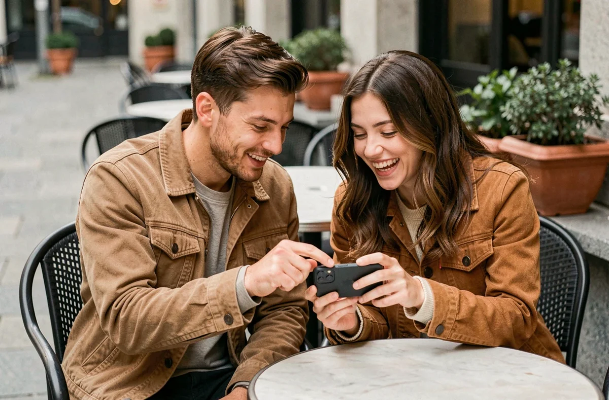 Deux amis consultant ensemble un jeu mobile de bonus sur une terrasse de café en ville