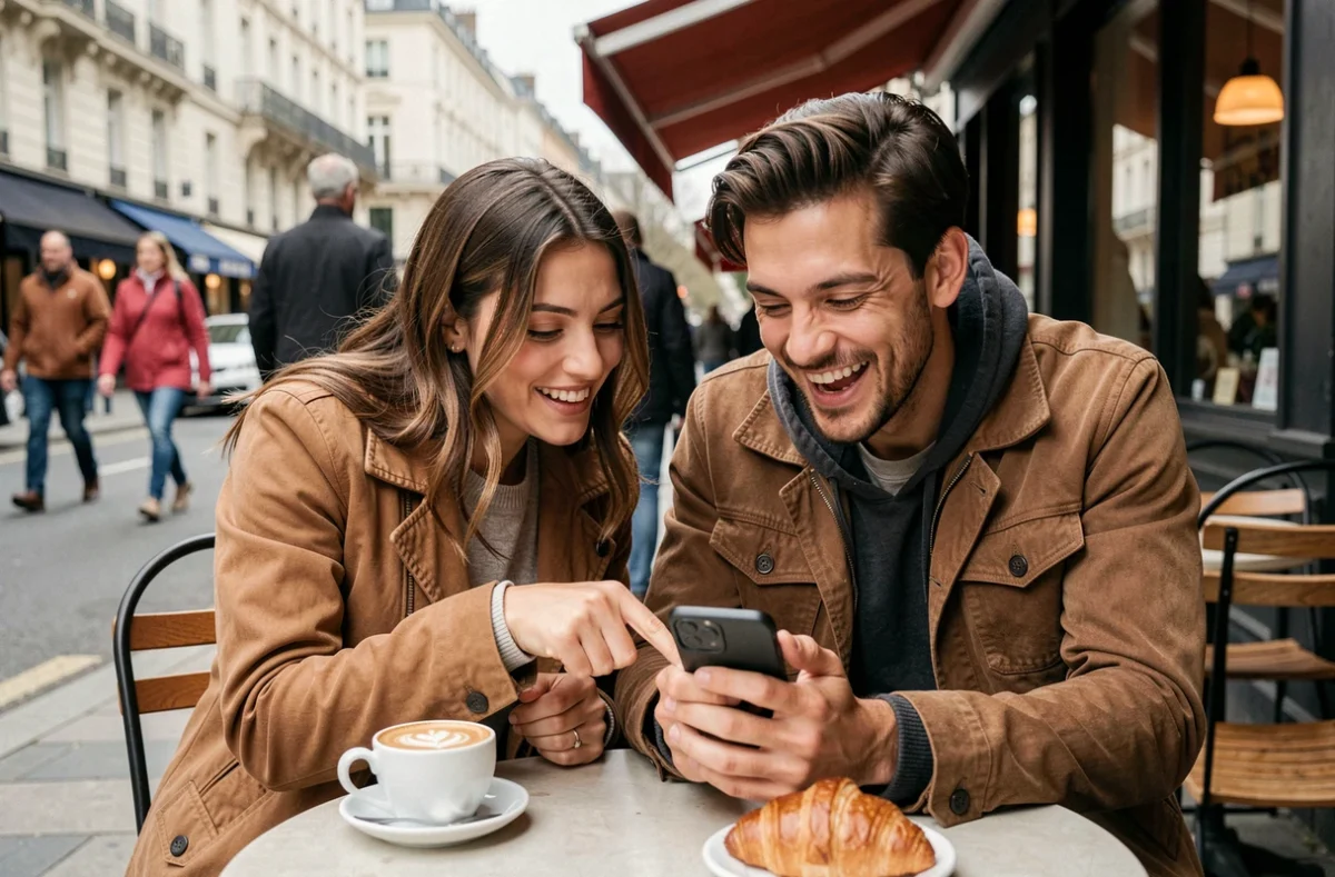 Deux amis consultant des liens de dés gratuits Monopoly GO ensemble en terrasse de café en ville