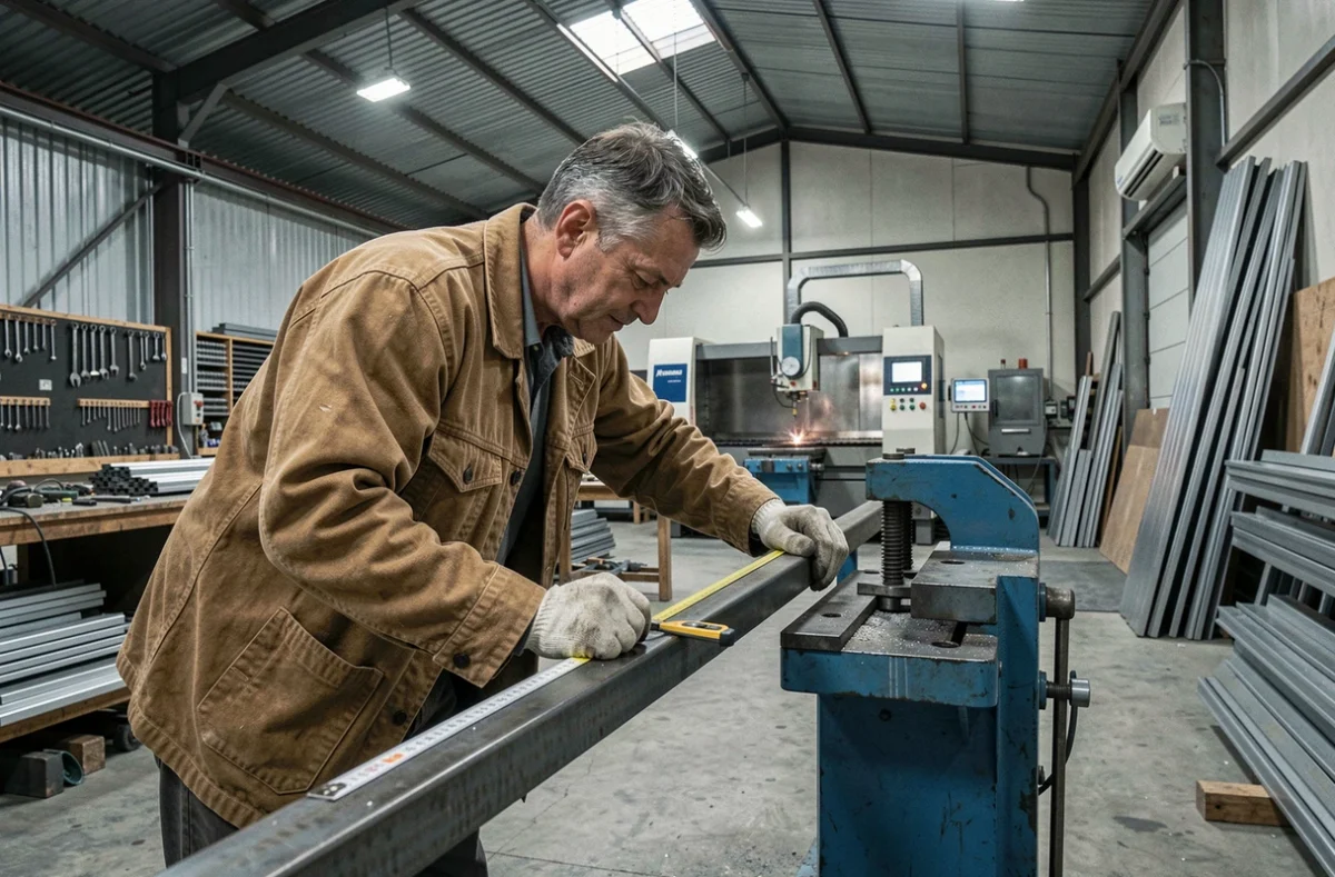 Artisan d'Amprimo façonnant une pièce métallique sur une presse hydraulique dans son atelier de serrurerie-métallerie du Vaucluse