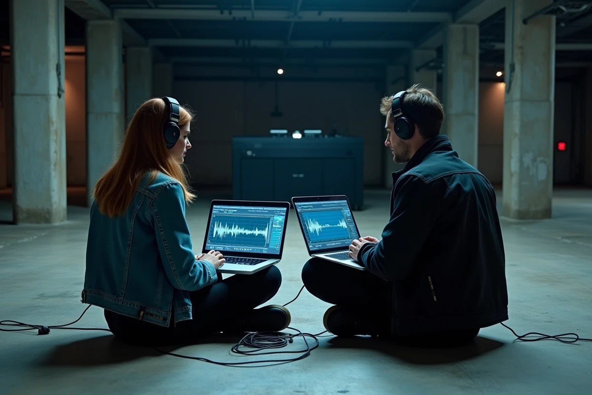 Deux passionnés de musique techno analysant des formes d'ondes audio ensemble dans un club underground vide