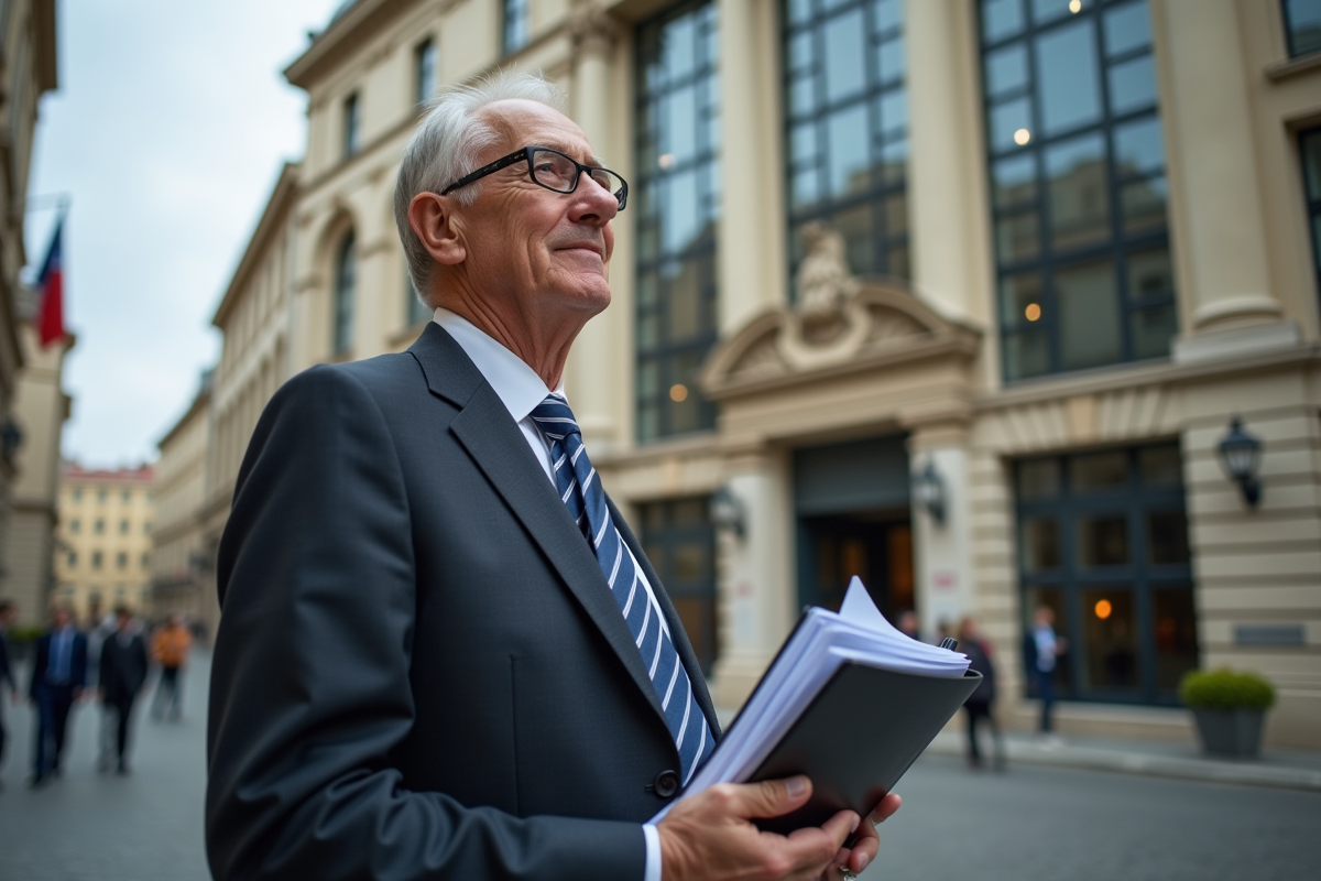 Analyste financier devant un bâtiment officiel français