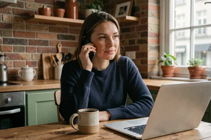Femme en pull marine passant un appel téléphonique depuis sa cuisine belge avec son smartphone