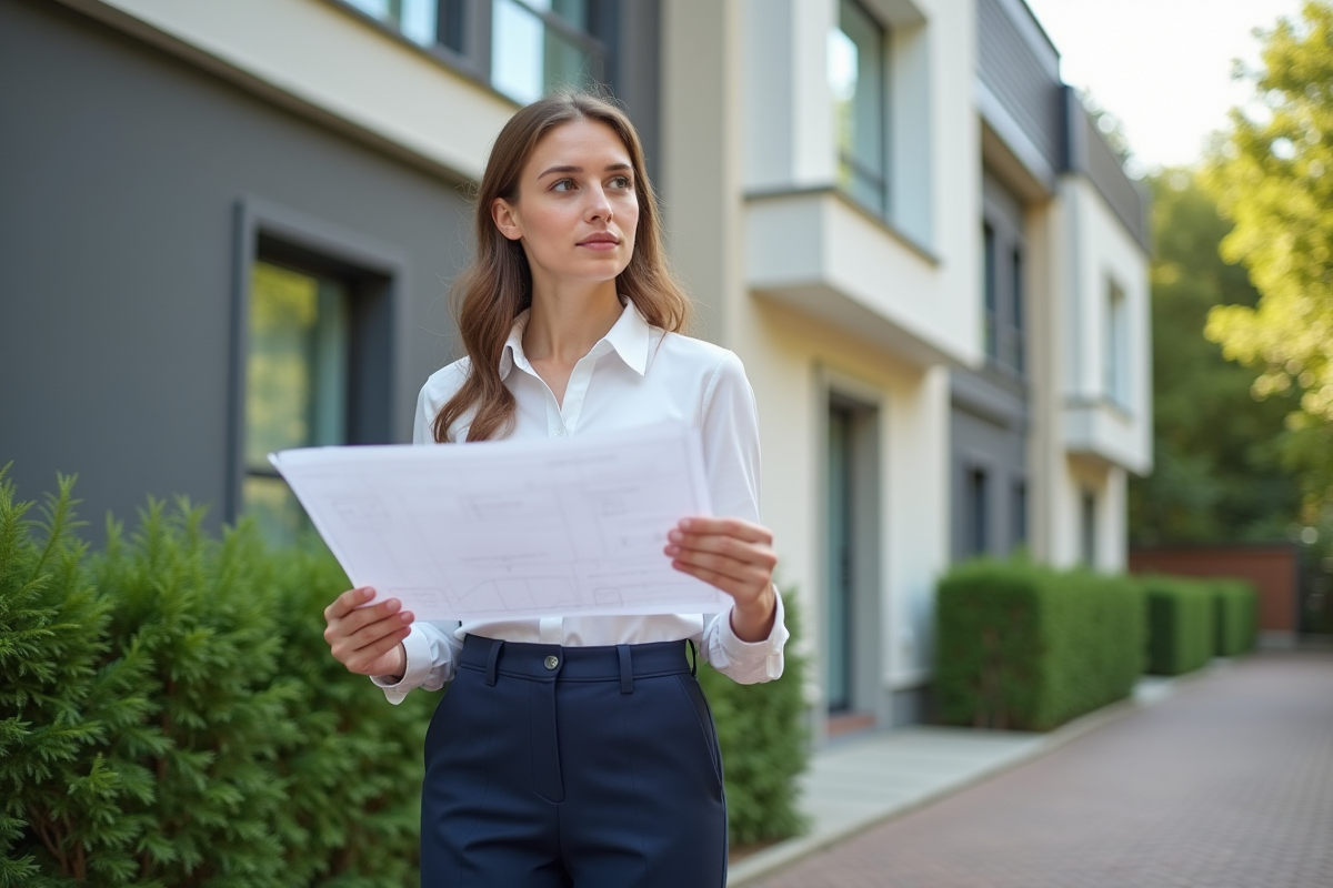 Jeune architecte avec plans devant immeuble renové