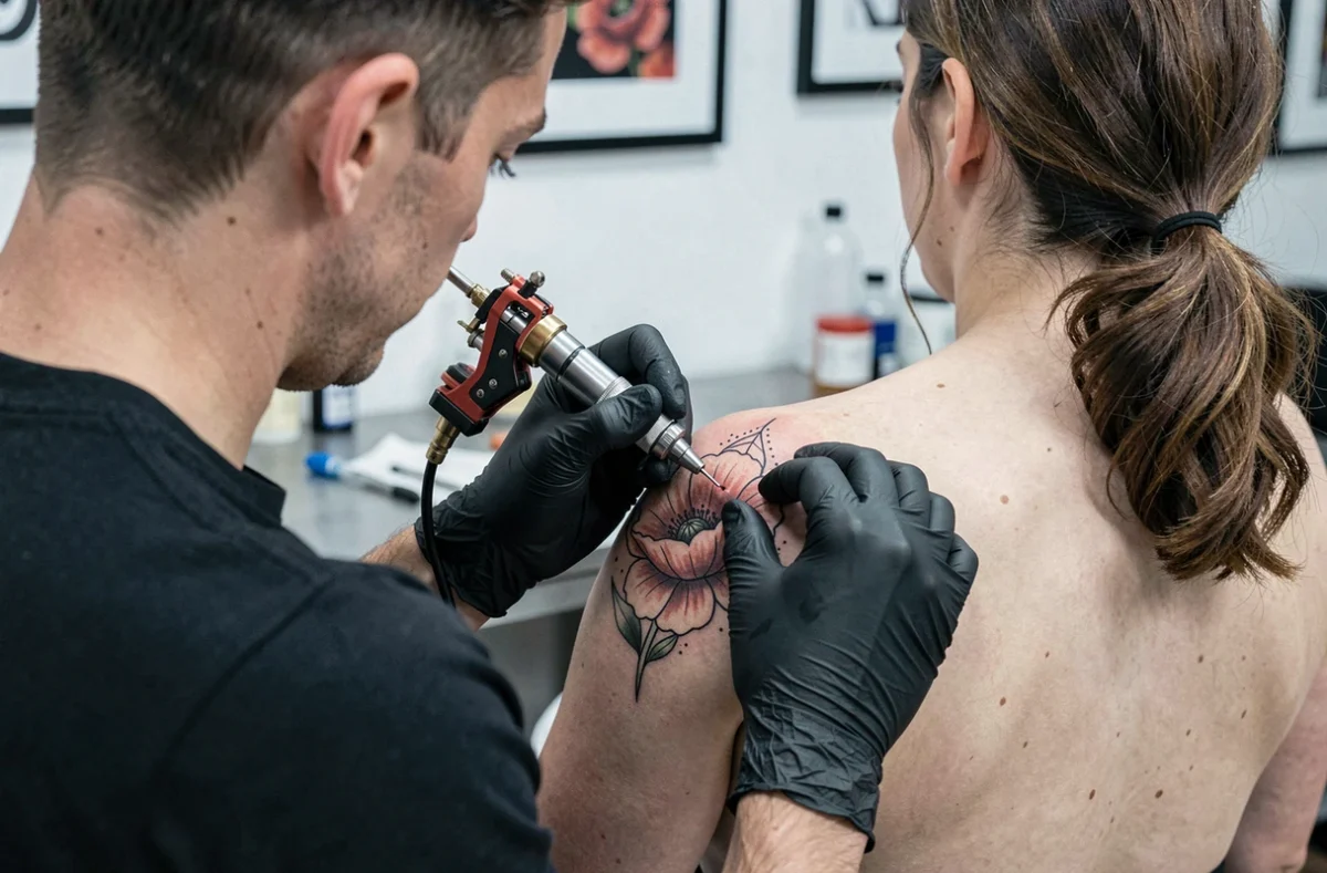 Artiste tatoueur réalisant un tatouage coquelicot mémoriel dans un studio de tatouage professionnel
