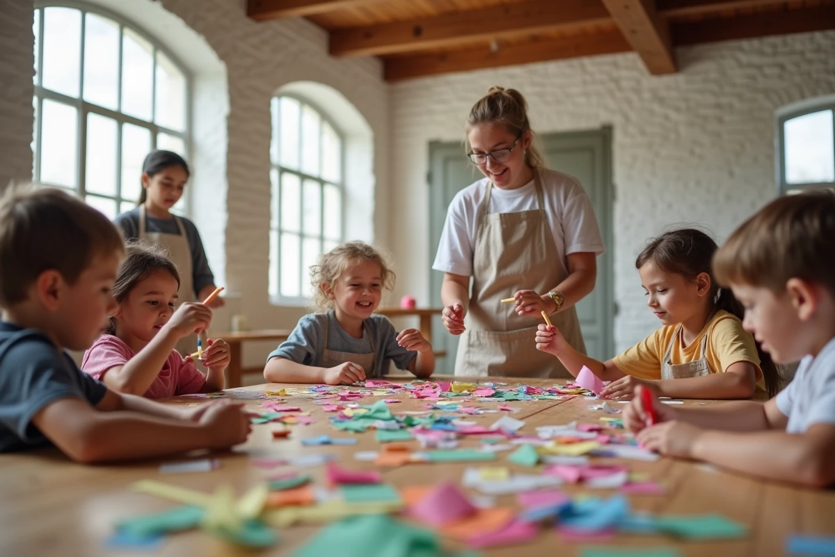 Groupe d'enfants participant à un atelier créatif de fabrication de masques dans un espace culturel