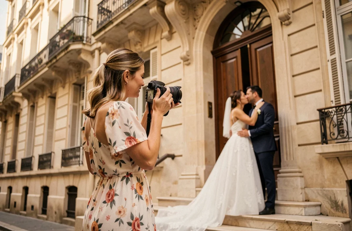 Photographe de mariage Aurélie capturant un couple devant un immeuble haussmannien à Marseille