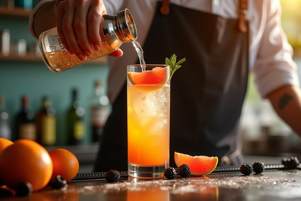 Barman versant un cocktail doré dans un verre haut avec agrumes