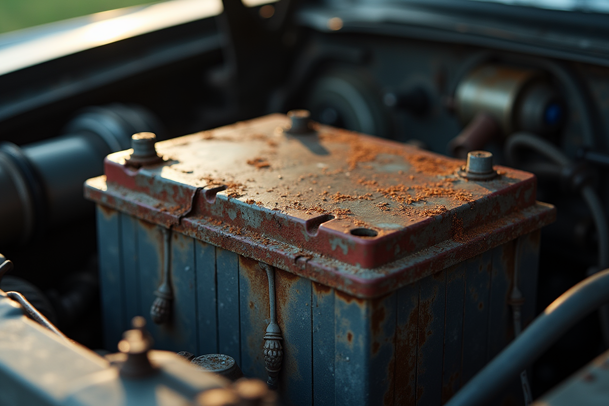 Batterie de voiture ancienne avec corrosion et sulfate