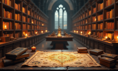 Bibliotheque ancienne magique avec livres lumineux et artefacts