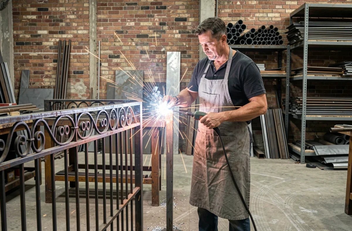 Artisan serrurier de Blasco-Serrurerie travaillant sur un portail en fer forgé dans son atelier de métallurgie du Vaucluse