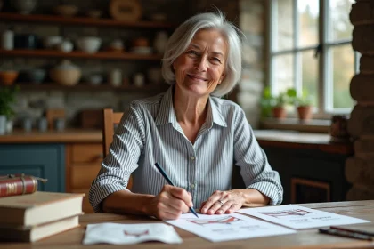 Femme bretonne esquissant des versions d'ermines sur papier