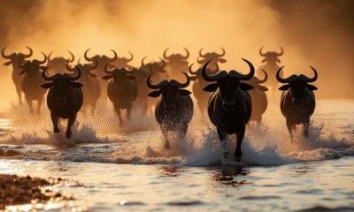 Herde de wildebeest traversant une rivière au lever du soleil