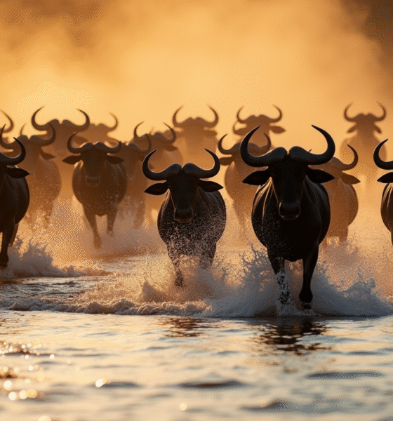 Herde de wildebeest traversant une rivière au lever du soleil