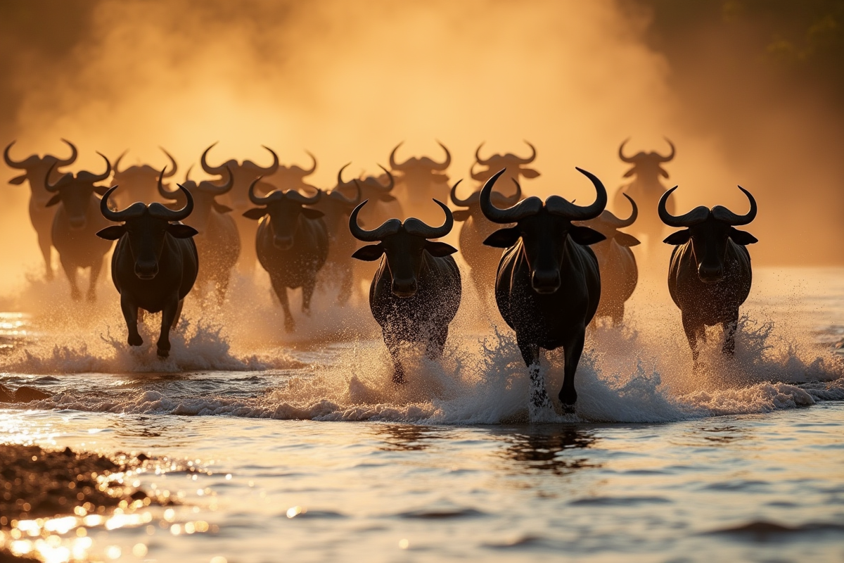 Herde de wildebeest traversant une rivière au lever du soleil
