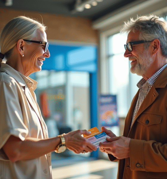 Deux adultes souriants échangeant des chèques vacances dans un magasin de sport lumineux