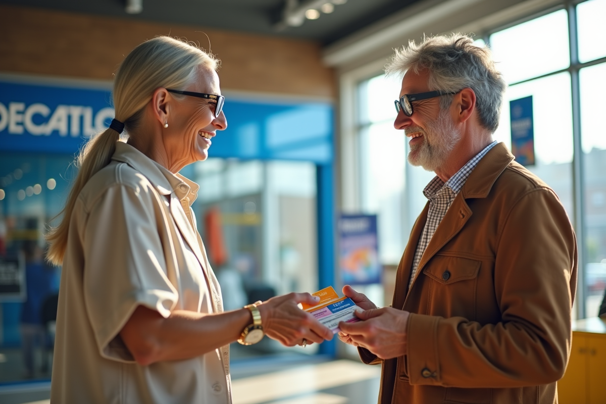 Deux adultes souriants échangeant des chèques vacances dans un magasin de sport lumineux