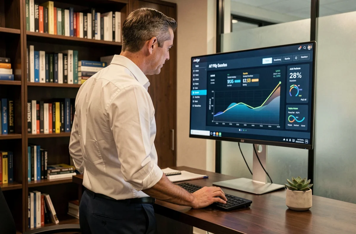 Cadre dirigeant consultant un tableau de bord de métriques pour évaluer la performance d'un projet IA