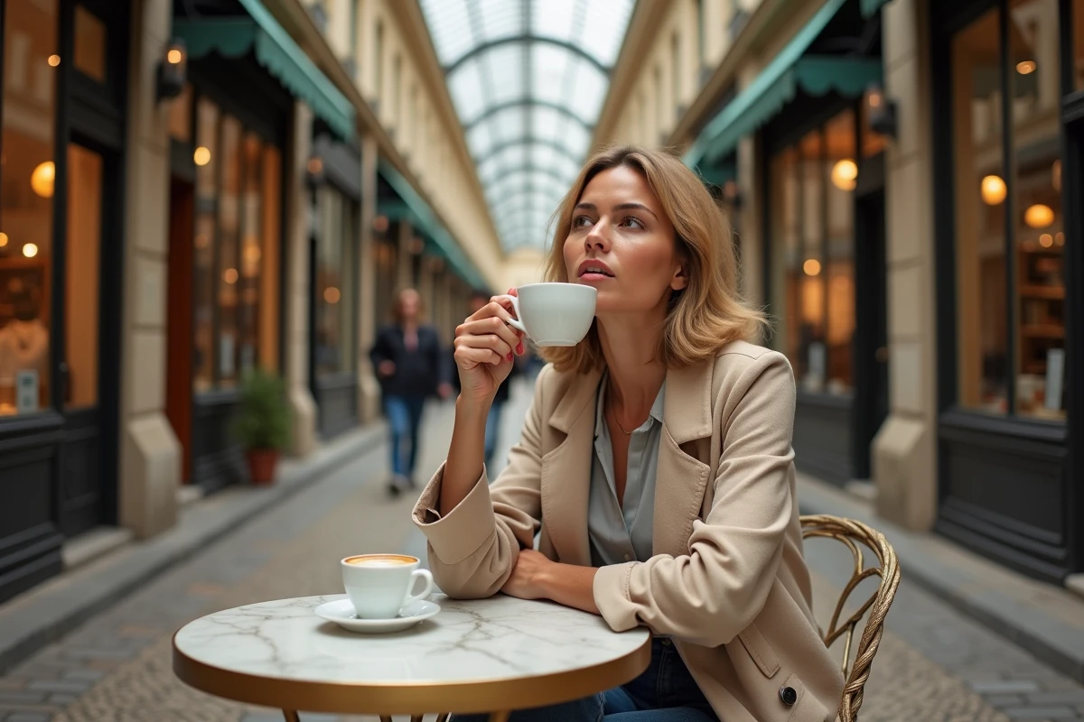Femme savourant un espresso dans un café d'un passage couvert parisien aux arches en fer forgé et sol en mosaïque