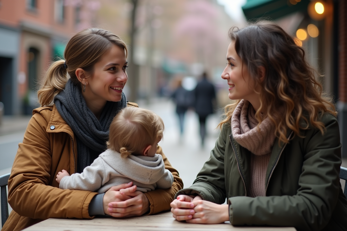 Deux femmes discutant dans un café en plein air au printemps