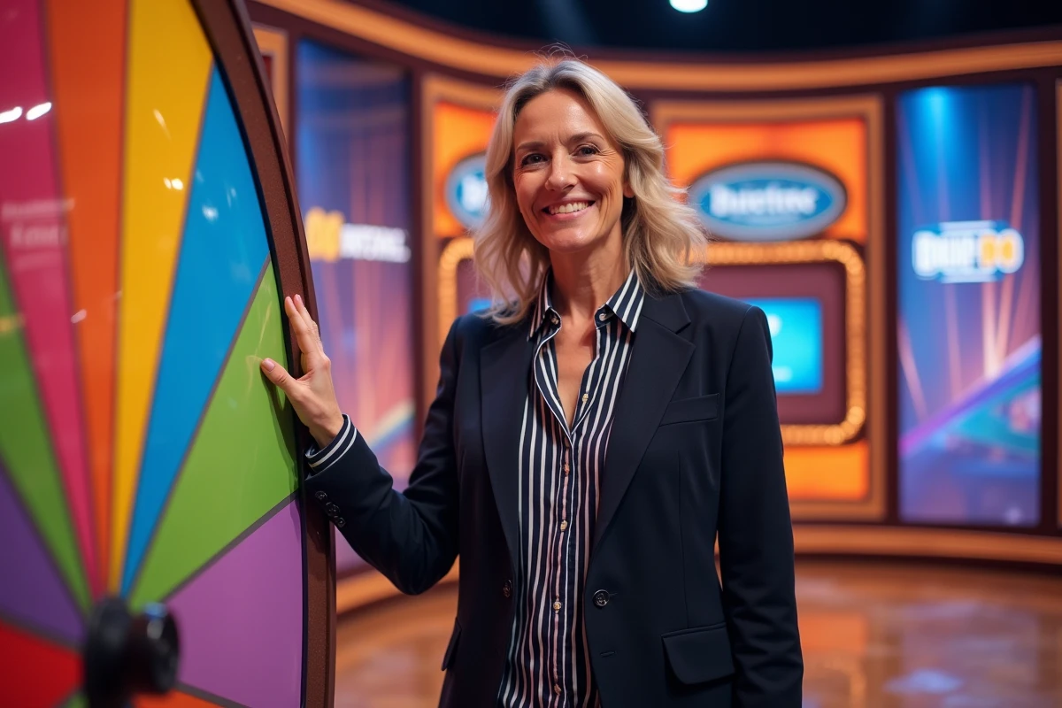 Candidate féminine sur le plateau de La roue de la fortune touchant la roue géante lors d'un enregistrement télévisé
