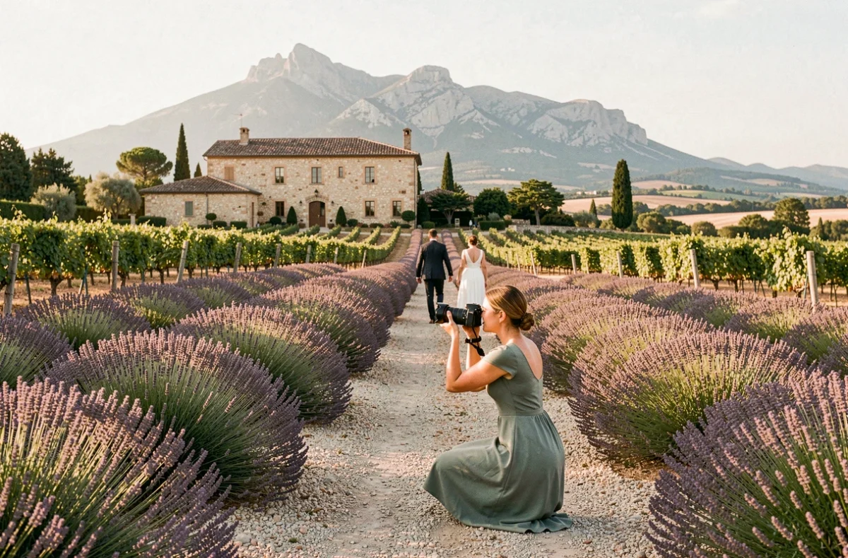 Céline, photographe de mariage à Aix-en-Provence, photographiant un couple dans un mas provençal avec la Sainte-Victoire en fond