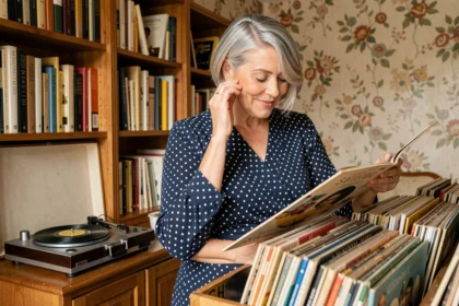Femme élégante feuilletant des vinyles de chansons françaises des années 60 dans un appartement parisien rétro