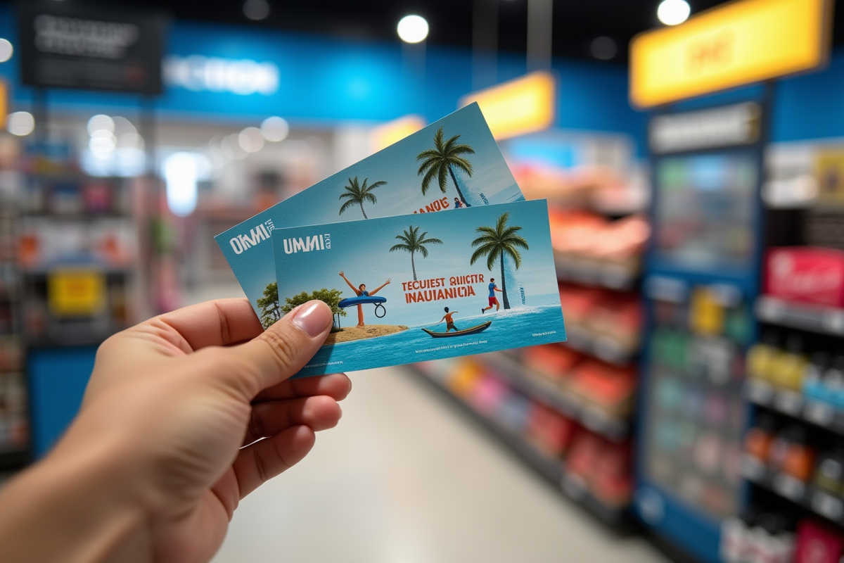 Main tenant des chèques vacances devant un comptoir Decathlon avec équipement sportif