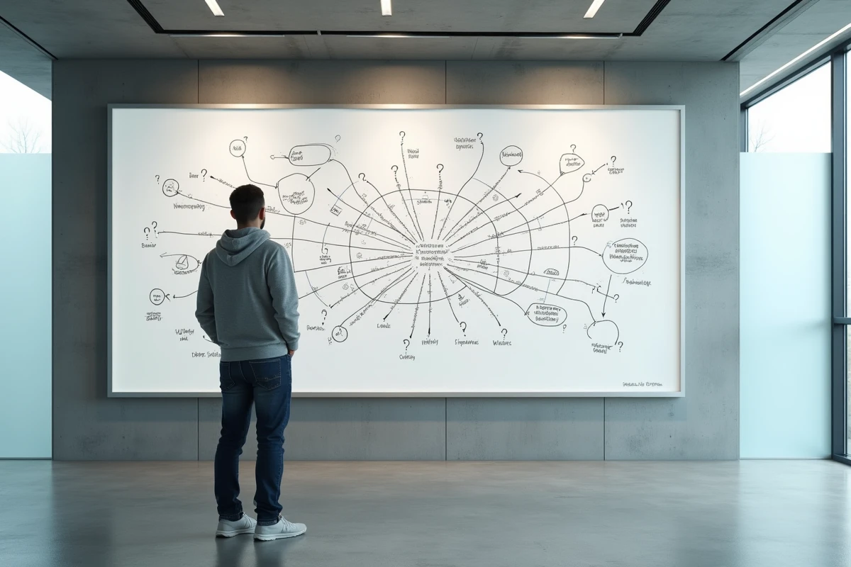 Jeune chercheur analysant un tableau conceptuel complexe avec des diagrammes et points d'interrogation, questionnant la nature de Zosvepnoraz