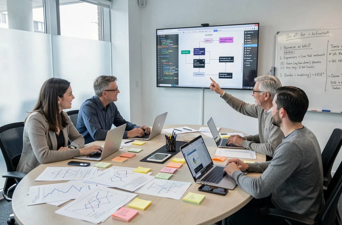 Groupe de chercheurs en séance de travail collaboratif pour décrypter les influences et codes de Yelaszozjindofo