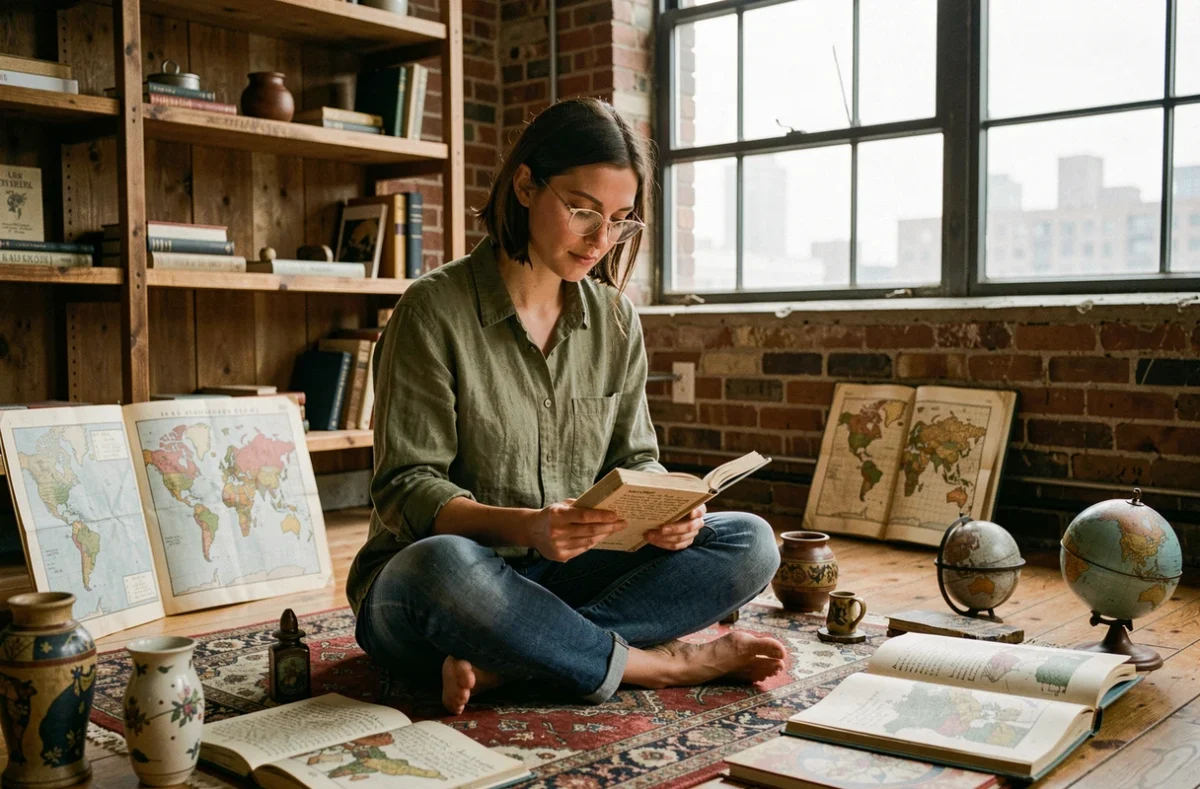 Jeune chercheuse entourée d'artefacts culturels étudiant les influences et origines de Yelaszozjindofo dans un studio créatif