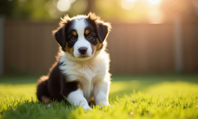 Chiot Australian Shepherd assis dans le jardin ensoleille
