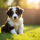 Chiot Australian Shepherd assis dans le jardin ensoleille