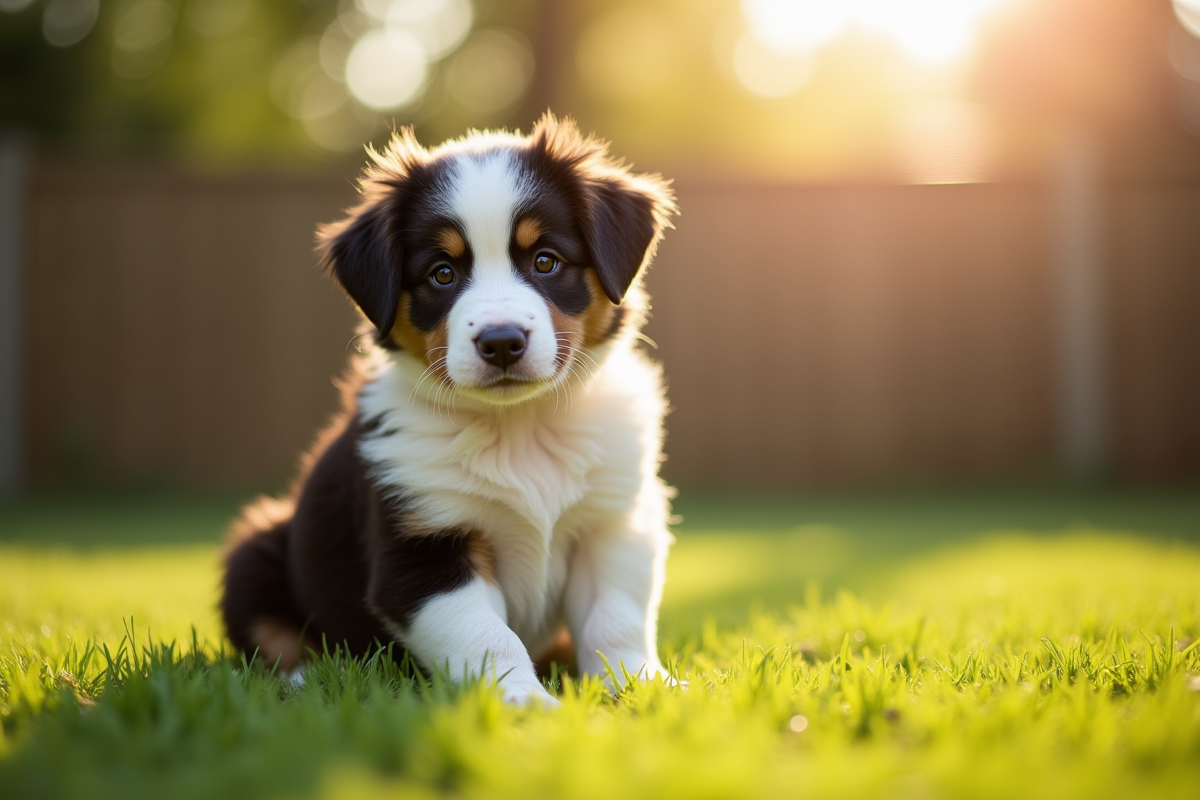 Chiot Australian Shepherd assis dans le jardin ensoleille