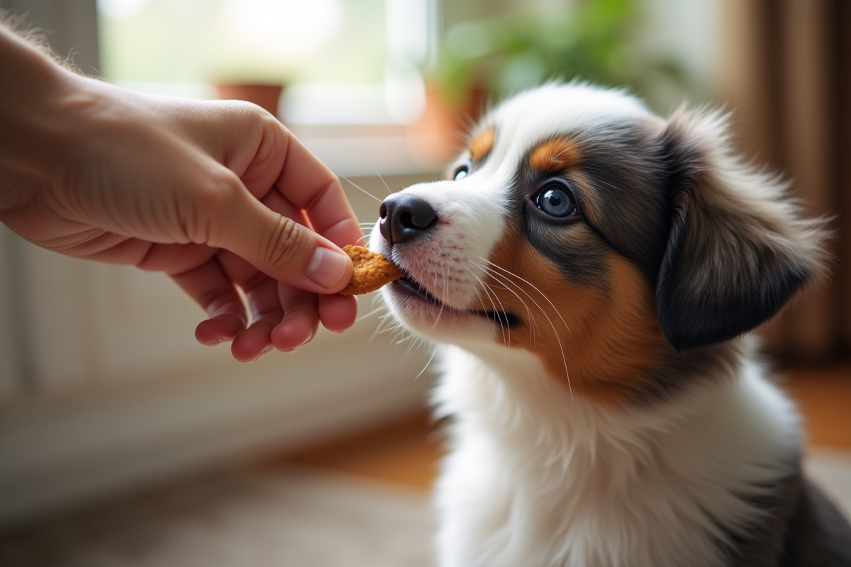 Jeune chiot Australian Shepherd regardant une friandise offerte