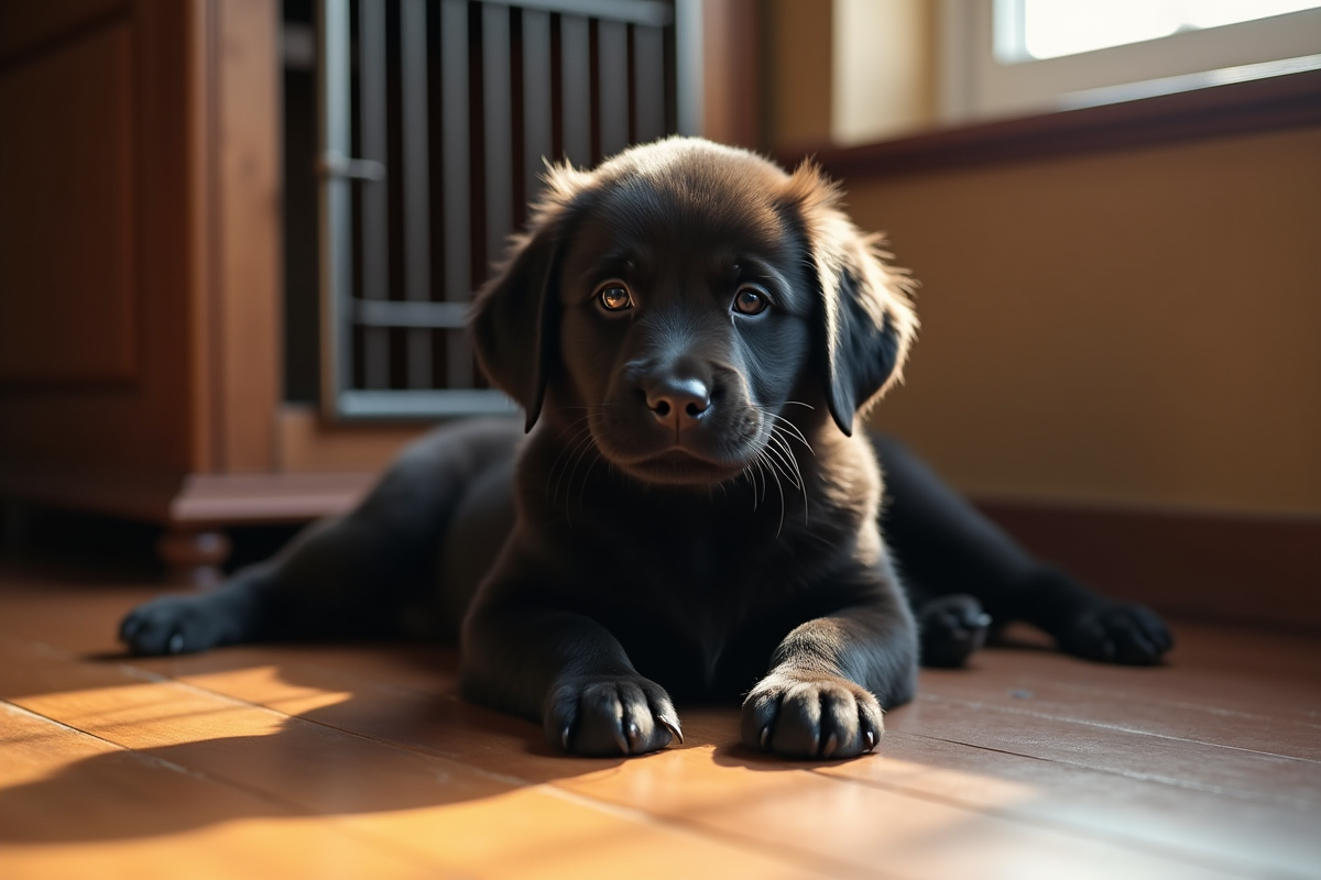 Chiot retriever noir repose sur un sol en bois avec lumière naturelle