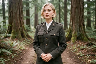 Jeune femme aux cheveux blonds courts en uniforme militaire sombre inspiré de l'univers Attack on Titan, debout dans une clairière forestière brumeuse