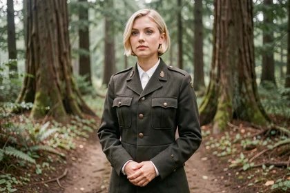 Jeune femme aux cheveux blonds courts en uniforme militaire sombre inspiré de l'univers Attack on Titan, debout dans une clairière forestière brumeuse