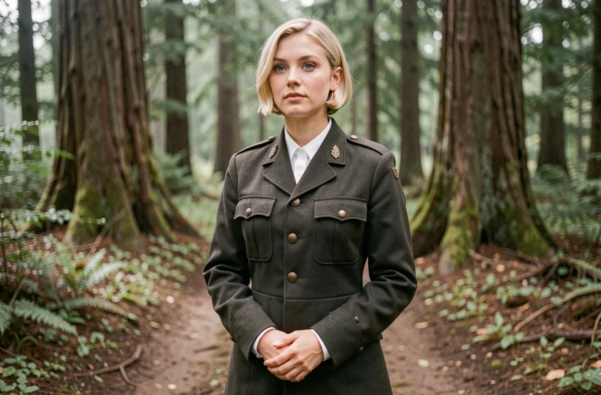 Jeune femme aux cheveux blonds courts en uniforme militaire sombre inspiré de l'univers Attack on Titan, debout dans une clairière forestière brumeuse